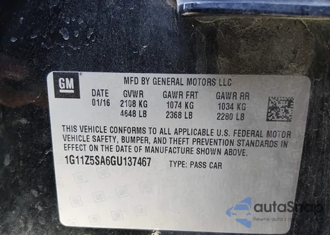 2016 Chevrolet Impala Ls z USA, uszkodzony, nr VIN 1G11Z5SA6GU137467